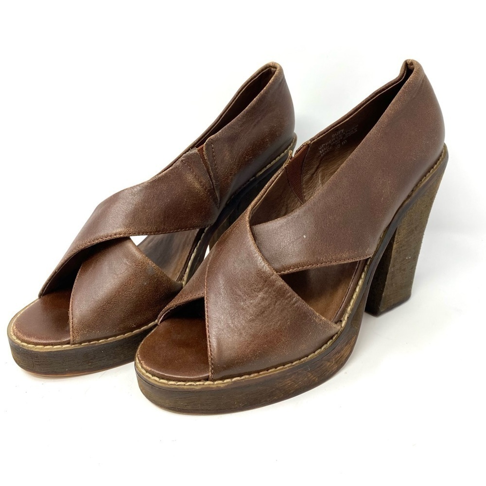 Jeffrey Campbell Buff Sandals Brown Leather Wood Block Heel 6